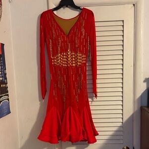 Elegant Red Latin Ballroom Dress with Gold Accents